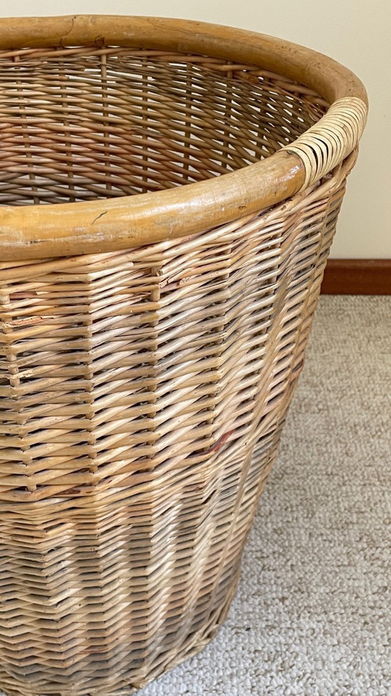 Image 1 of Grand PANIER Vintage OSIER Cerclé Bois