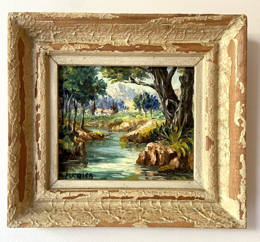 Edmond Flégier Signed French Oil Painting – Provence Landscape c.1950 – schilderijen tekeningen, Wood (photo 2 of 8)
