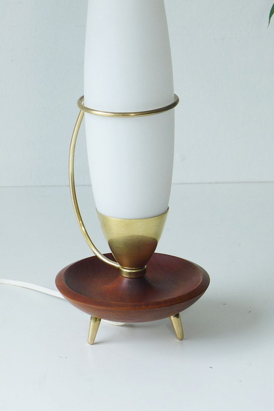 Image 1 of Vintage Philips tripod table lamp, 1960s, brass, teak, opal glass, Rocket Lamp