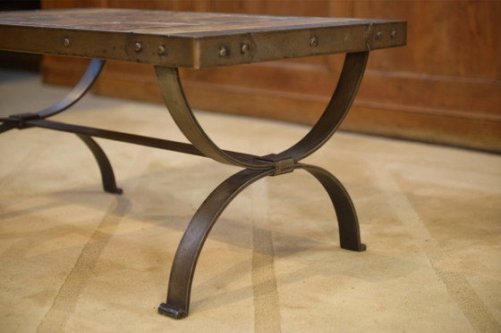 Image 1 of Couchtisch aus Schmiedeeisen und Keramik von Vallauris, 1950er Jahre