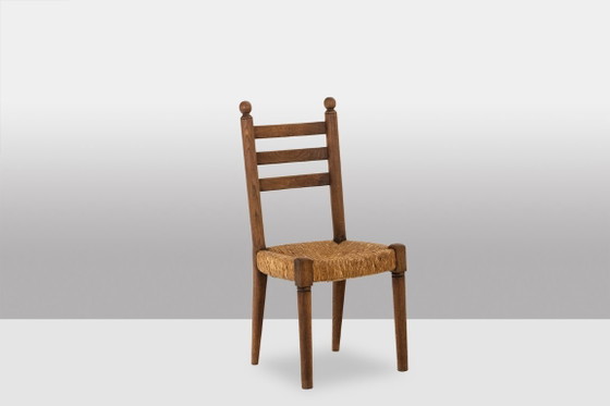 Image 1 of Set of 8 oak straw-seated chairs. 1950s.