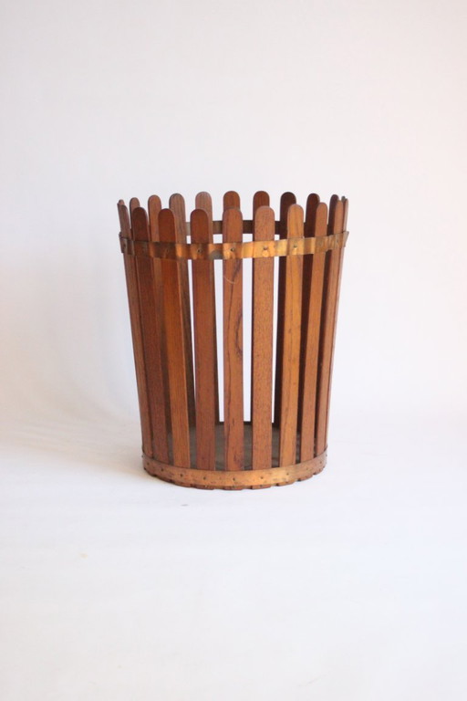 Corbeille à papier vintage en bois de teck, années 1950.