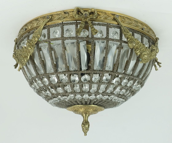 Image 1 of grande lampada da soffitto glamour anni '60 cristalli di vetro bronzo stile hollywood regency anni '60-'70