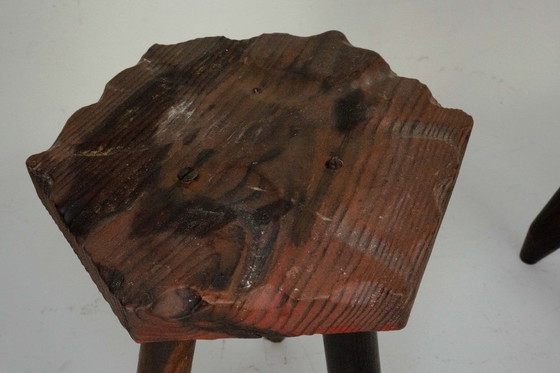 Image 1 of Set van drie vintage Italiaanse brutalistische houten krukken, jaren 60