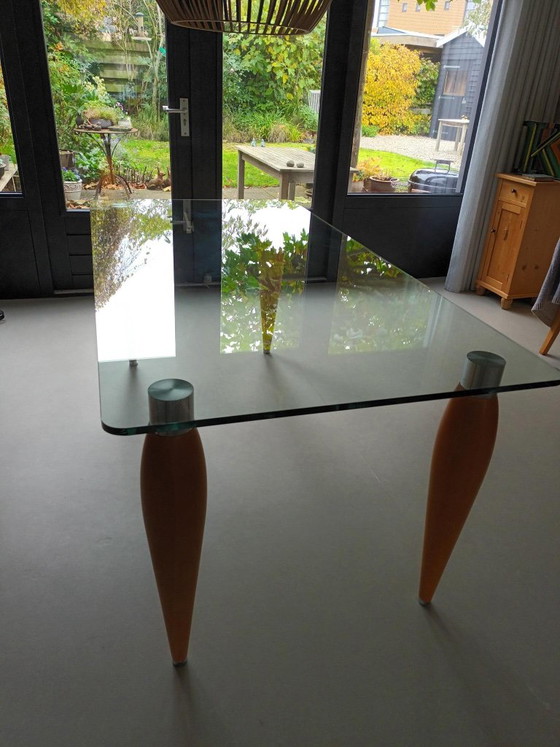Glass dining table with wooden legs, Transparent, Modern (photo 3 of 5)