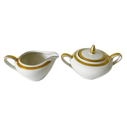 Eschenbach Bayerisches Creme-Porzellan-Set, cremeweiß, Gold, 1940er Jahre