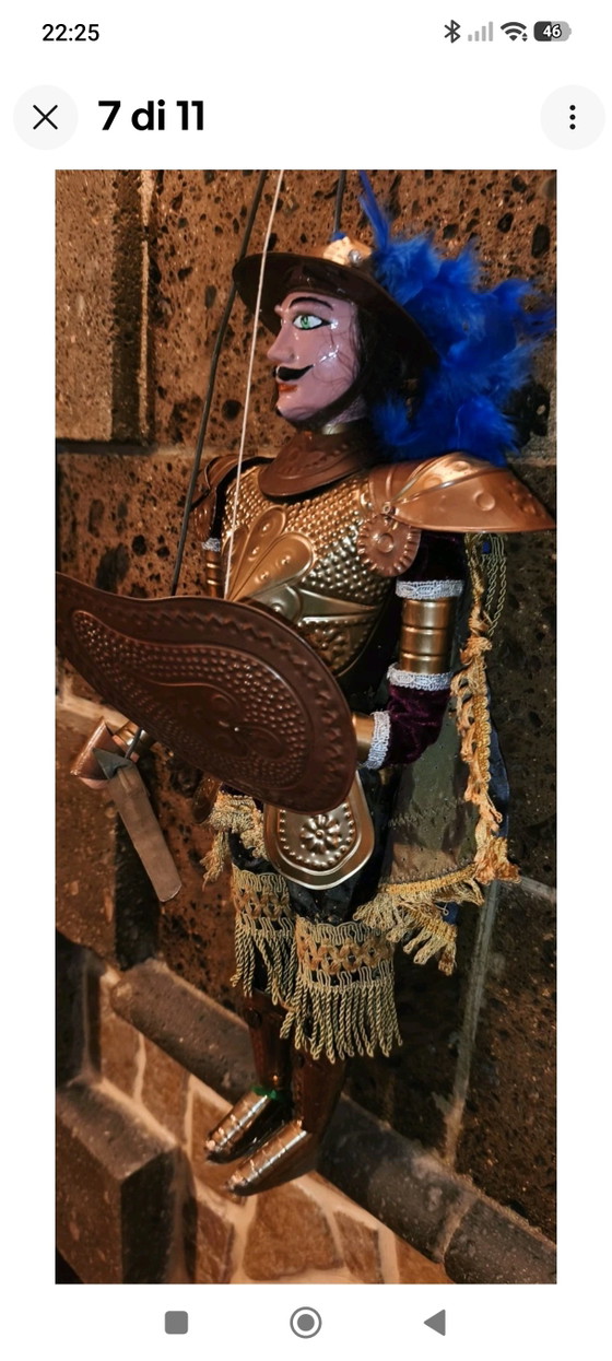 Vintage Puppet Puppet, 60cm, Brass Armor and Clothes – Decorative Objects, Textile, Wood (photo 7 of 11)