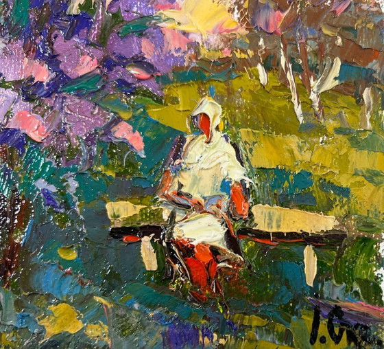 Image 1 of Original Oil Painting Summer Flowers Landscape On a walk near the lilacs