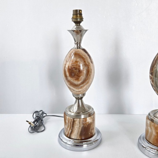 PAIR OF VINTAGE 1970S EGG LAMPS IN MARBLE & CHROME STEEL DLG MAISON BARBIER