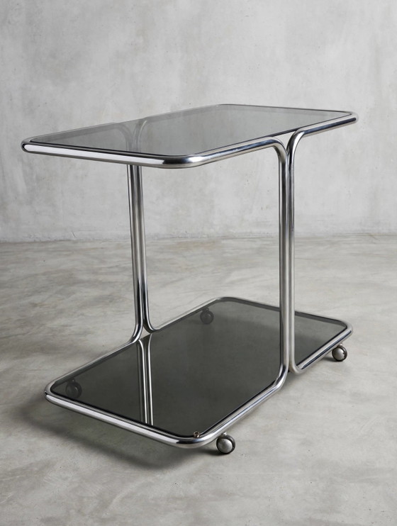 Vintage Side Table Trolley With Smoked Glass and Chrome on Wheels, 1970s - Space Age – Bar carts, Metal (photo 4 of 9)