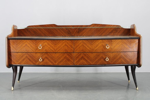 1950s Organic Italian Sideboard with Glass Top and 4 Drawers
