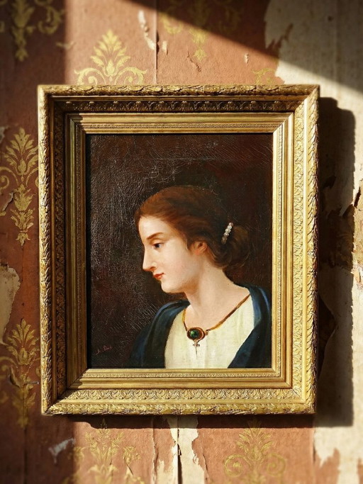 Antique portrait of a young woman in profile, oil on canvas, A. Piard, 19th century