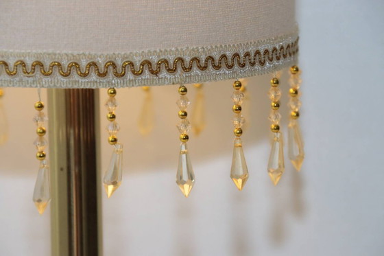 Image 1 of Table lamp, brass, textile, fringe, art glass beads, 90s vintage