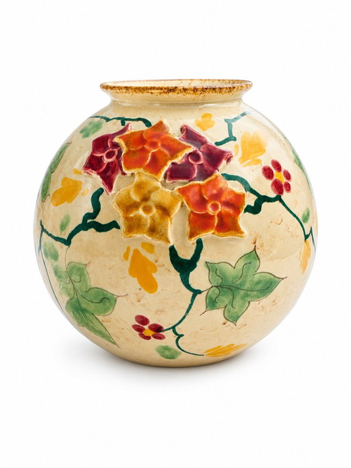 Rare Regina Gouda "Rozet" 1016 Vase - Barbotine Style - Signed Holland
