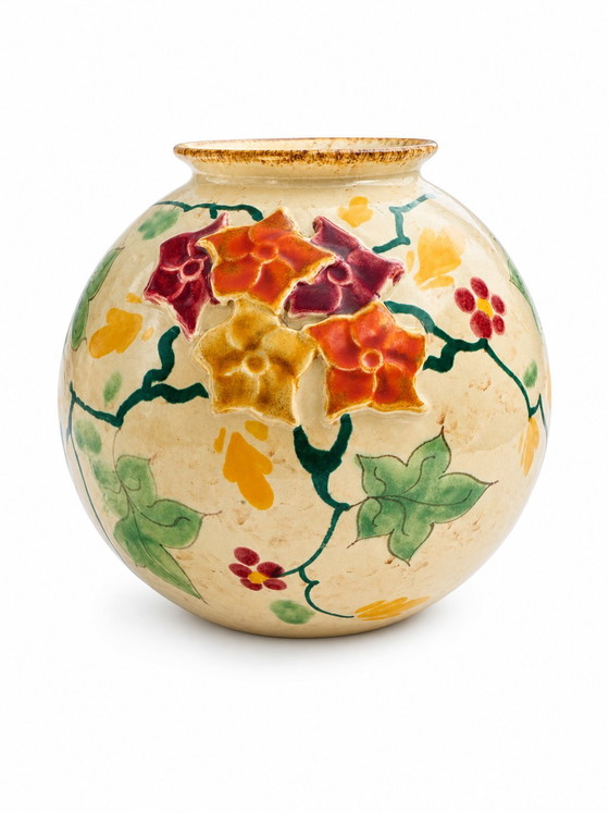 Image 1 of Rare Regina Gouda "Rozet" 1016 Vase - Barbotine Style - Signed Holland
