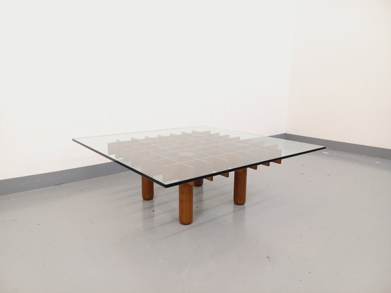 Image 1 of Vintage square Italian coffee table Kyoto by Gianfranco Frattini for Knoll in ash wood and glass from the 1970s