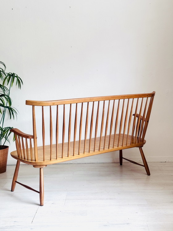 Image 1 of Vintage Minimalist Spindle Bench + Chairs 1950s/60s