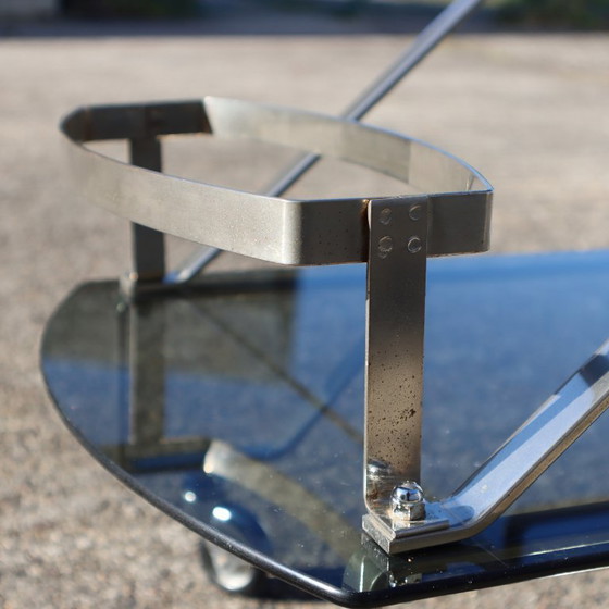 Image 1 of French Mid-Century Smoked Glass and Chrome Bar Trolley-Drop Leaf Bar Cart-Vintage Two Tier Dessert-Bar Trolley-60s