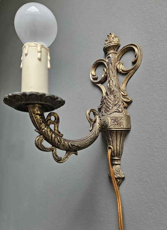 Image 1 of Lampade da parete in stile rococò francese, bronzo con paralumi in pelle