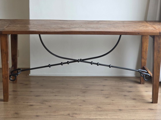 Tavolo da pranzo antico spagnolo con gambe a cavalletto - Legno massello e ferro battuto (200x89 cm) (photo 11 of 20)