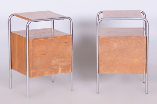 Een paar gerestaureerde Bauhaus-nachtkastjes van R. Slezák, chroom, Tsjechië, jaren 1930. – Metal, Wood