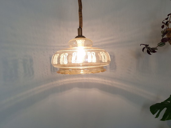 Image 1 of Vintage Amber Pendant Light / Retro Hanging Ceiling Lamp / Mid Century Style Lighting / Ruffled Edge Ceiling Lamp