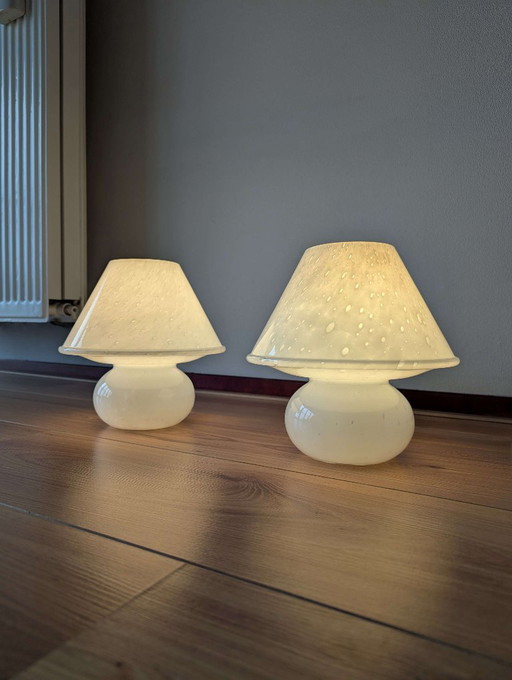 Set Of 2 Glashütte Limburg Mushroom Table Lamps - Bubbled Glass - Vintage Germany