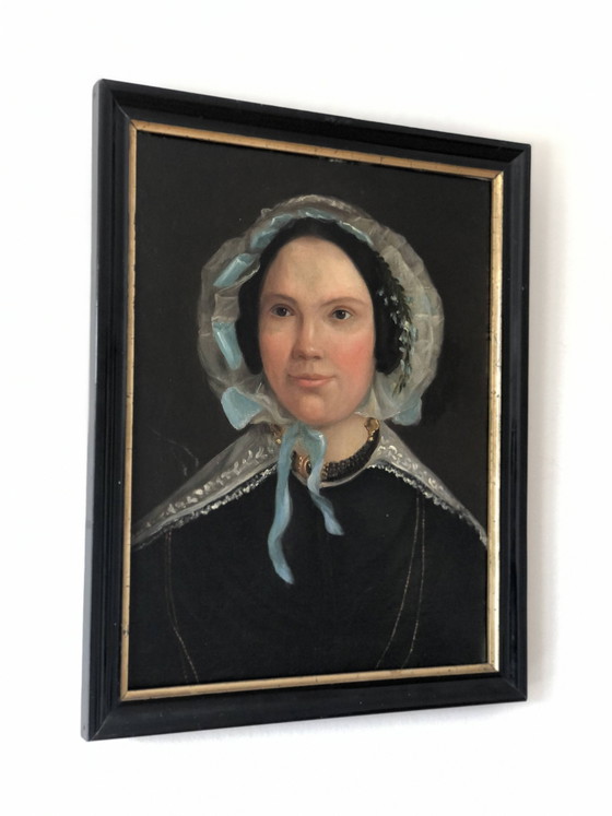 Image 1 of Portrait à l'huile ancien d'une dame hollandaise, XIXe siècle
