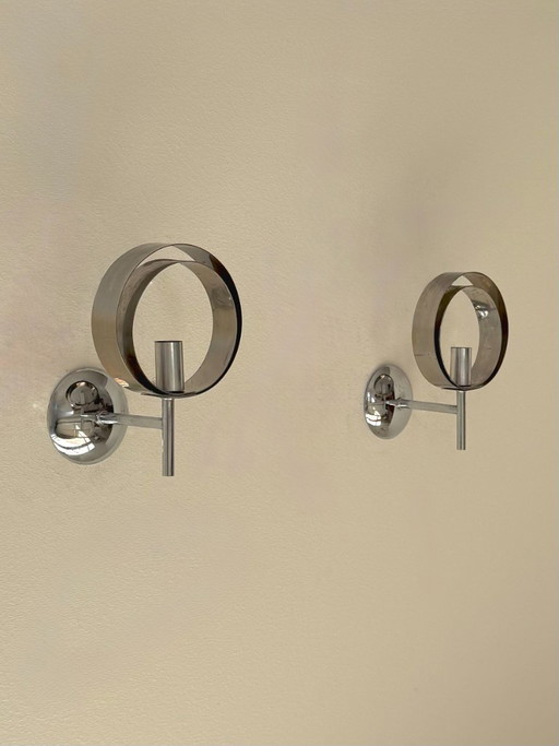 Pair of vintage chrome metal wall lights, France, 1970