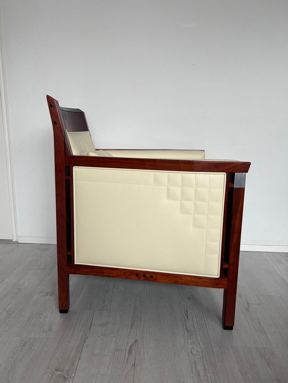 Image 1 of 2x Luxury Art Deco Schuitema design armchair Charles with cream leather from the Decoforma series with decorative stitching