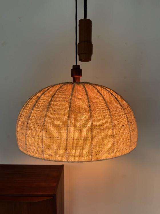 Image 1 of Vintage XL teak & wool pendant lamp, Domus '70