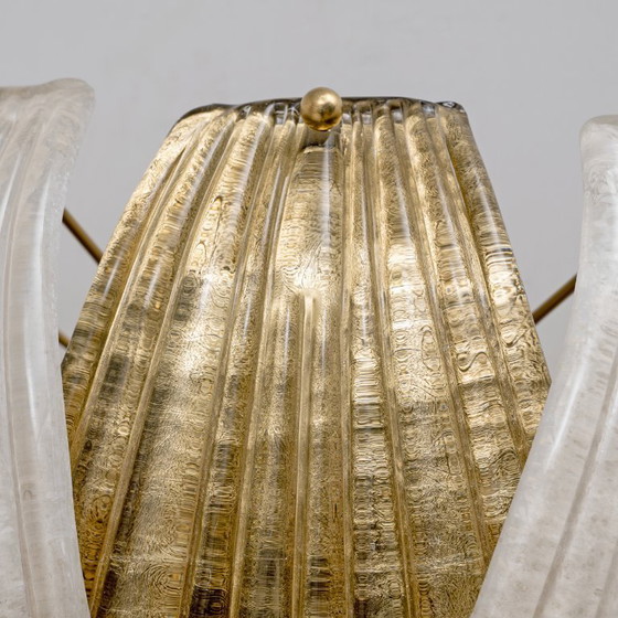 Image 1 of Italian Art Deco Style Murano Glass and Brass Leaf Wall Sconces, Pair