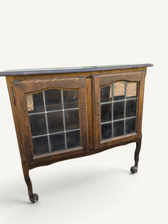 Small Art Nouveau Glass-Fronted Buffet in Oak and Leaded Glass – Cabinets, Wood (photo 3 of 5)