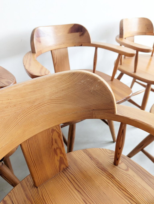 Set of 6 Pine Wood Dining Chairs by Asko Finland 1970s