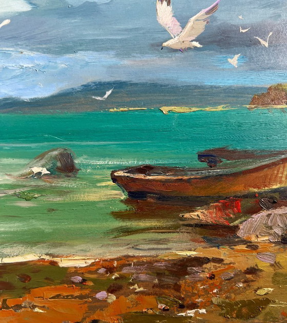 Image 1 of Pintura al óleo original: Paisaje costero marino delimitado por la corriente.