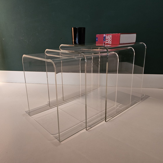 Image 1 of Set Of 3 Vintage Plexiglass Side Tables: Translucent Curved Acrylic Glass Tables, Perspex, Transparent, Mid - Century, Space Age