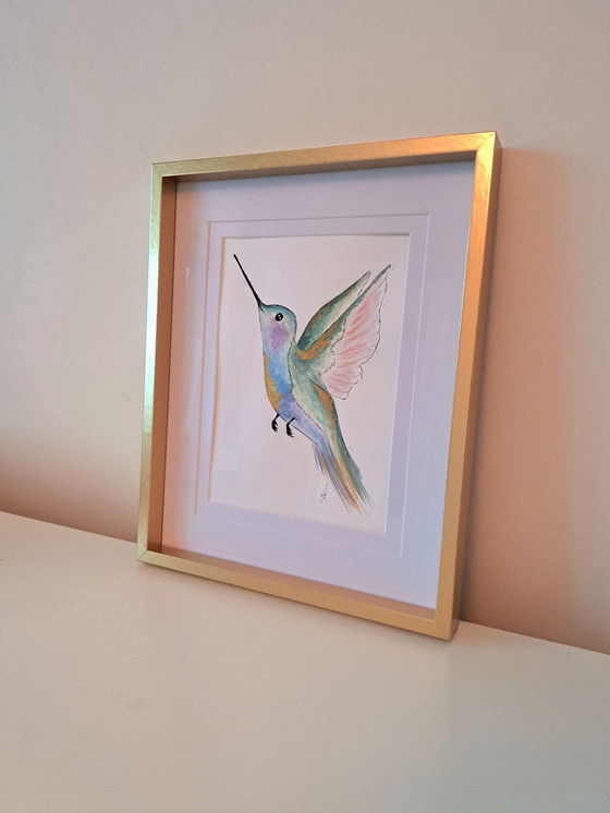 Image 1 of Peinture à l'aquarelle d'un colibri avec cadre et passe-partout