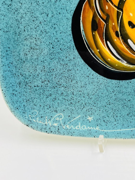 Assiette décorative R.W. Verdaame, céramique turquoise et jaune, Pichon Uzès, Vaisselle (photo 7 sur 10)