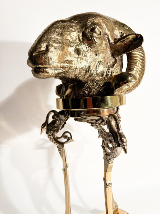 1970s Gilded Bronze Ram's Head Sculpture with Pedestal – Brass (photo 7 of 11)
