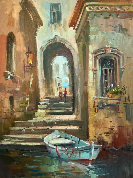 Image 1 of Peinture à l'huile originale représentant des maisons d'été, un paysage et un bateau au milieu des rues de la ville