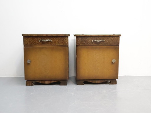 Mesitas de noche vintage / roble nogal / cajón puerta / placa de cristal