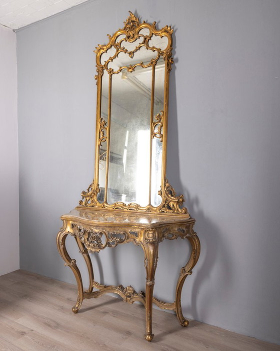 Antique classic style console table in wood decorated with mirror from the late 19th century, Gold (photo 19 of 21)