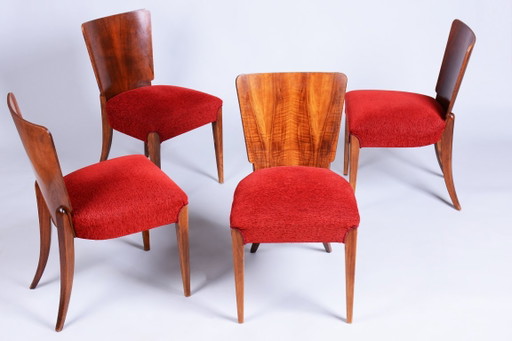 Juego de 4 Sillas Art Déco Originales, J. Halabala, UP Zavody, Nogal, Checas, Años 40