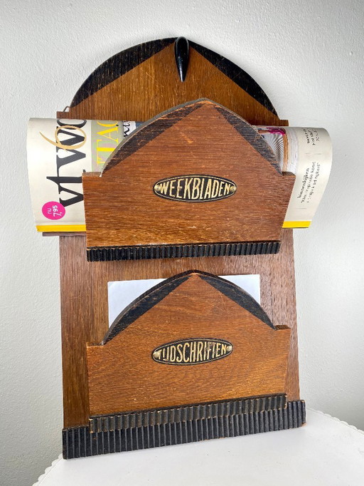 Antiker / Vintage Zeitungsständer - Wandmontierter Papierhalter - 1930er Jahre Holländischer Art Deco Zeitschriften organizer au