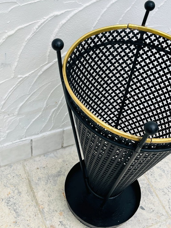 Image 1 of Vintage umbrella stand in black perforated metal and brass