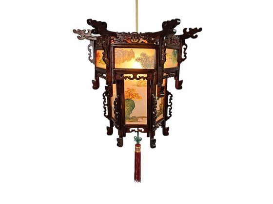 Image 1 of Chinesischer Laternenleuchter – Rosenholz – verziertes Glas – 2. Hälfte des 20. Jahrhunderts