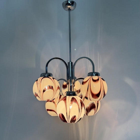 Image 1 of XL Italian purple and white murano glass swirl chandelier , 1970s