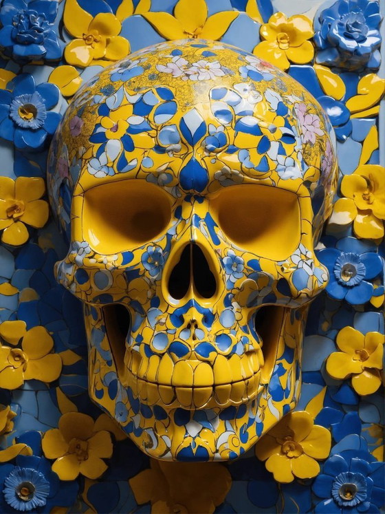 Image 1 of DEAD HEAD - Teschio con fiori di Delft - Stampa su lastra di alluminio