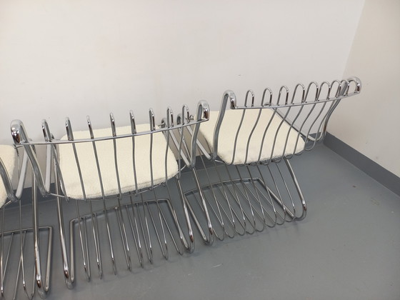 Image 1 of Suite van 4 Gastone Rinaldi Vintage Italiaanse stoelen in verchroomd metaal en Bouclettes stof uit de jaren 70