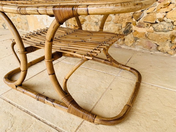 Image 1 of Tavolino da caffè in bambù e rattan con portariviste, stile metà secolo, di Tito Agnoli, circa anni '60.